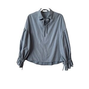 Romantic Regencycore Ribbon Tie Neck Balloon‎ Sleeve Blue Suede Blouse L Boho